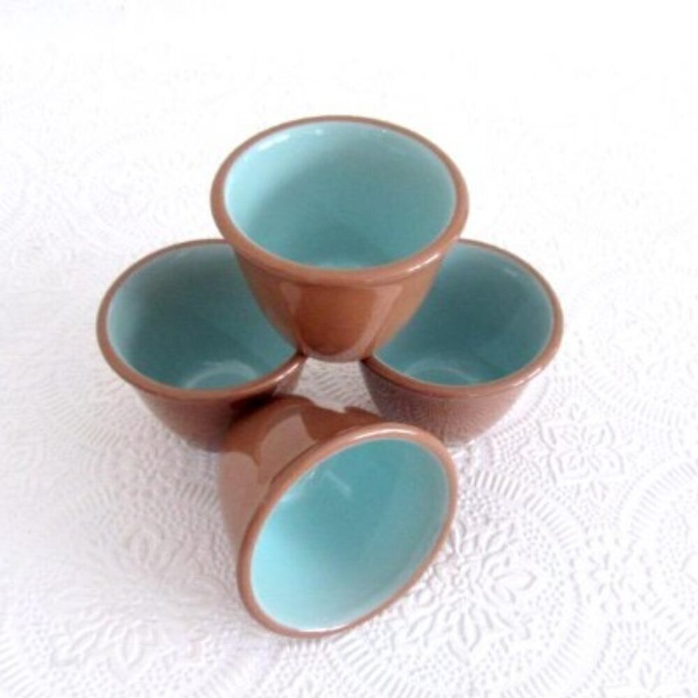 Set of 3 Chateau Buffet Custard Cups Cinnamon & Turquoise Vintage Mid-Century
